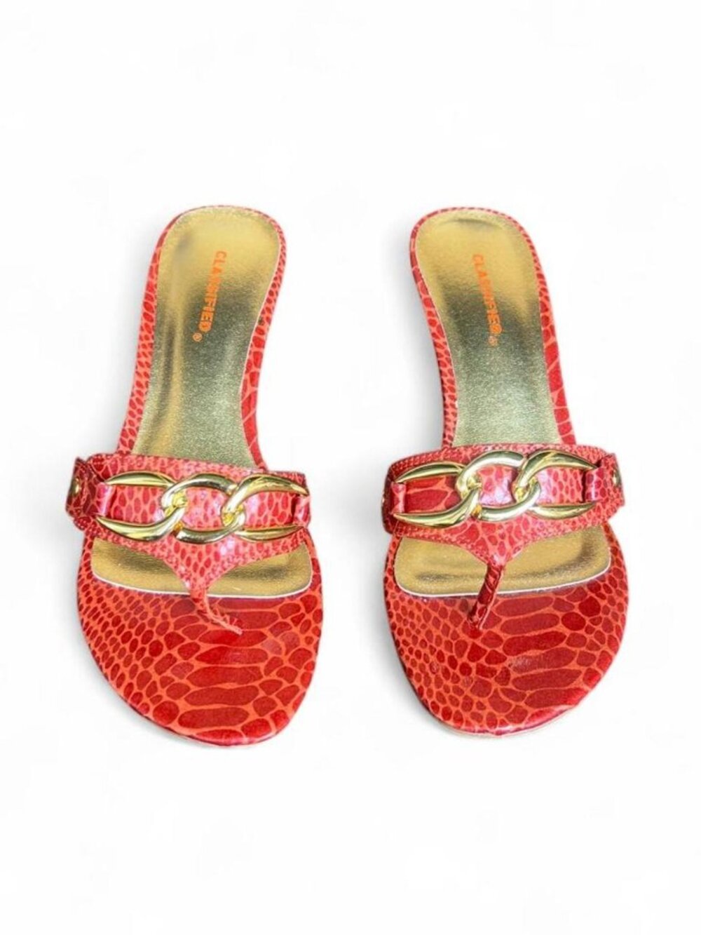 Classified reddish orange sandal kitten heels with gold buckle size 6
